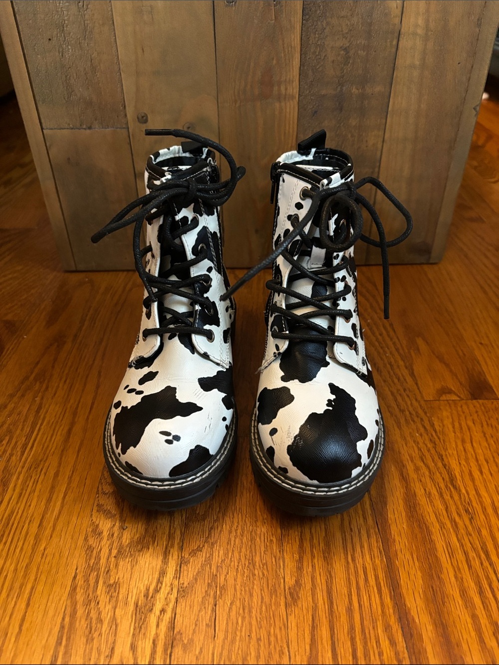 MIA Kids Black & White Cow-Print Lace-Up Boots